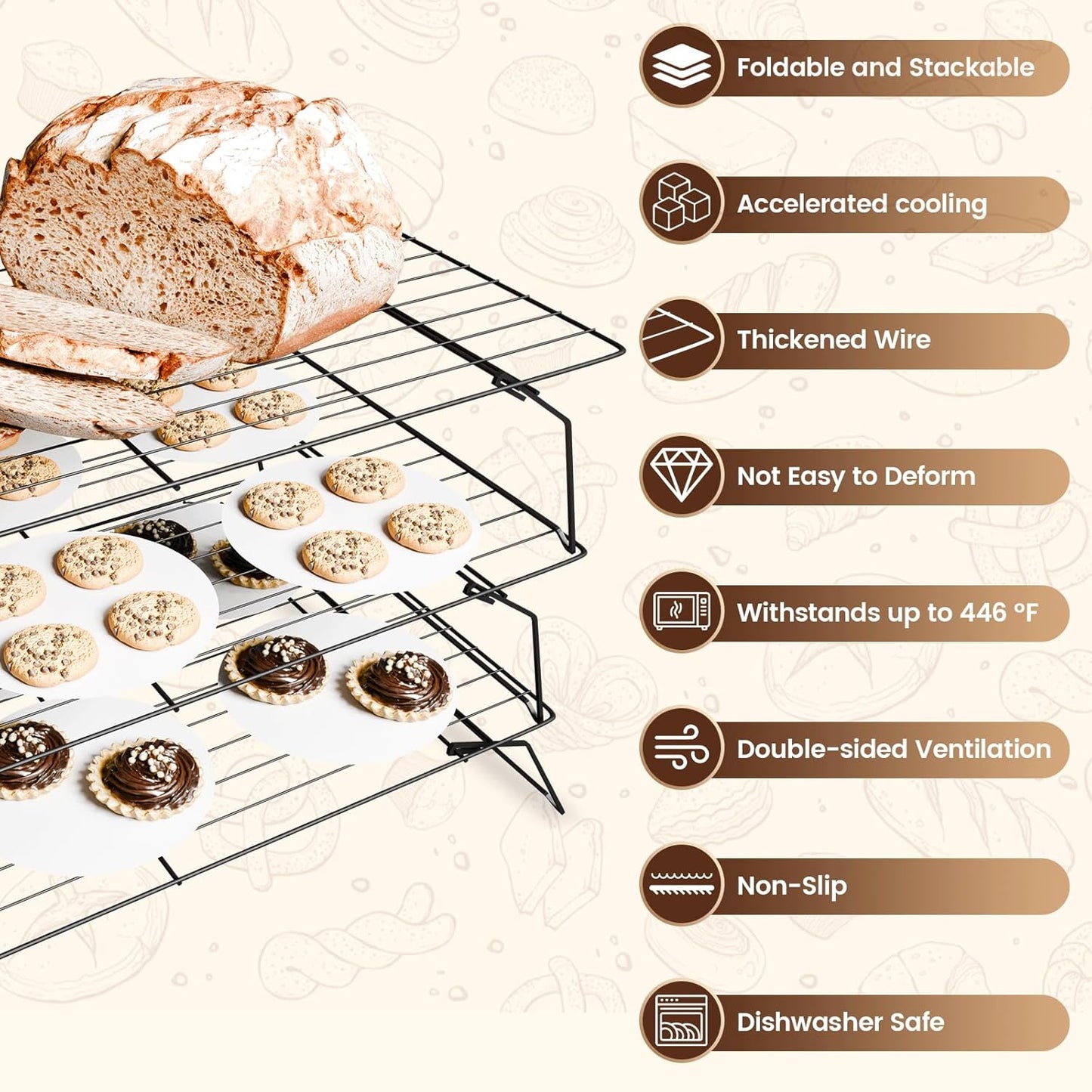 SHOUNAJIA Cooling Rack for Cooking and Baking, 3-Tier Stackable Wire Cooling Rack with Legs for Cooling Cookie, Pizza, Cake, Round Baking Paper 100 Pcs, 16" x 10", M