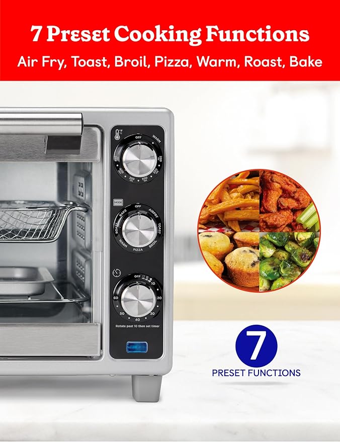 Betty Crocker Air Fryer Convection Toaster Oven, Multifunction 6-Slice Toaster and Air Fryer Oven, 0.8 Cu. Ft. 6 Slice Capacity AirFryer Toaster Oven Combo, 7 Function Convection Oven,Silver