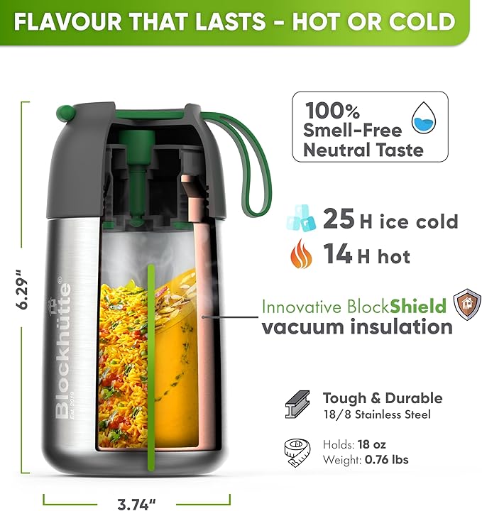Blockhütte Small Thermos for hot Food Kids - 18 oz | Wide Mouth Food Flask with Spork & Brush | Stainless steel Soup Flask | Insulated Food Jar 14h Hot | Soup Thermos for Adults