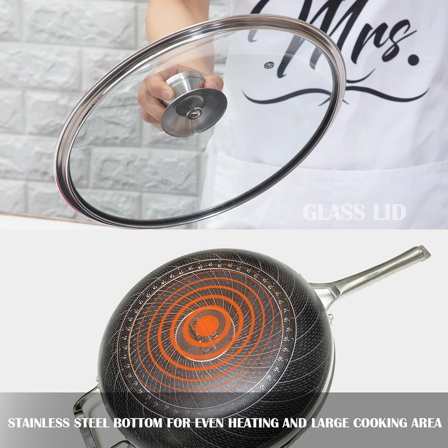 Wok Pan,Hybrid Nonstick 14 Inch Wok with Lid,Induction Non Stick Stainless Steel Large Deep Woks&Stir-Fry Pans,Stay-Cool Handle Skillets,PFOA Free Cookware