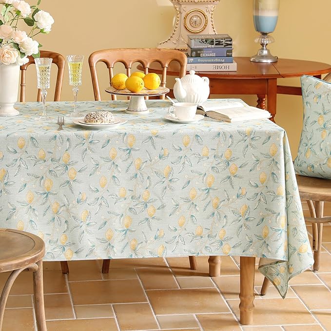 patdrea Designer Linen Green Tablecloth for Rectangle Table,Vintage Breathable Yellow Fruits Pattern Table Cloth,Decoration Cover for Kitchen Dining,Christmas,Thanksgiving,Party,55"x79"-Ania a