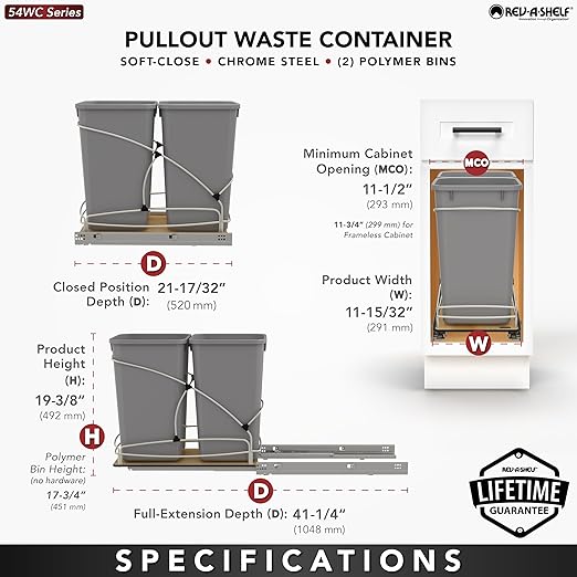 Rev-A-Shelf Steel Bottom Mount Double 27 Quart 6.75 Gallon Waste Bin Trash Container for Under Kitchen Cabinet with Soft Close, Gray, 54WC-1527SC-17-1
