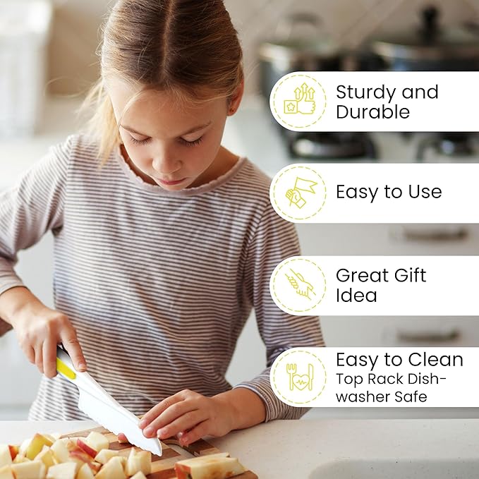 Zulay 3-Piece Kids Knife Set for Real Cooking & Baking - Toddler Knives for Cutting Fruits, Veggies, & Cake - Children’s Montessori Knife with Serrated Edges - Safe & Fun Lettuce Knife (Yellow)