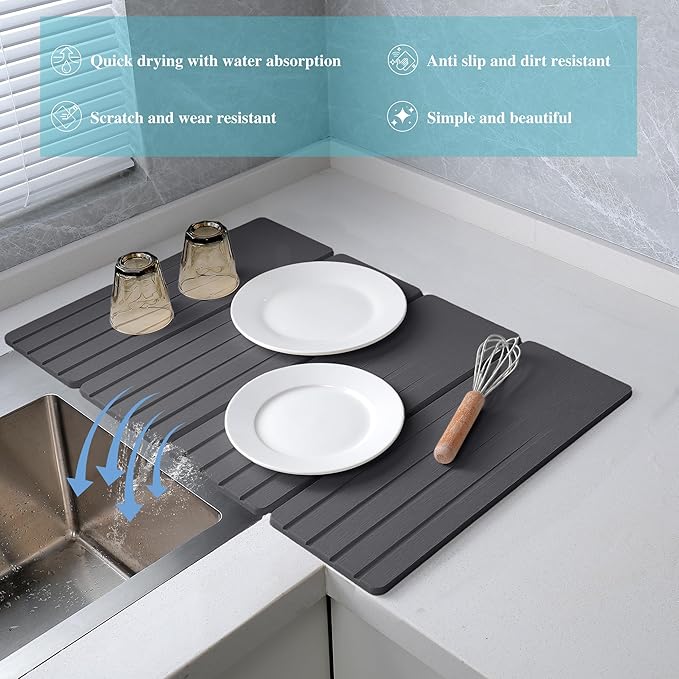 Extral Large Quick Dry Stone Drying Mat for Kitchen Counter,28x16 Inch Collapsible Eco-Friendly Absorbent Diatomaceous Earth Mat for Dishes Cups (Deep Gray-Upgraded Version, 16x12 inch)