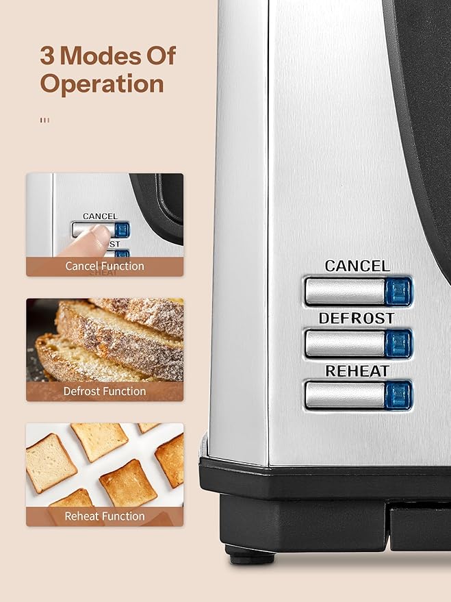 Yabano 4 Slice Toaster, Toaster with Extra Wide Slot and 7-Shade Settings, Defrost and Reheat Function, Make Toast with Smiley Faces, Stainless Steel