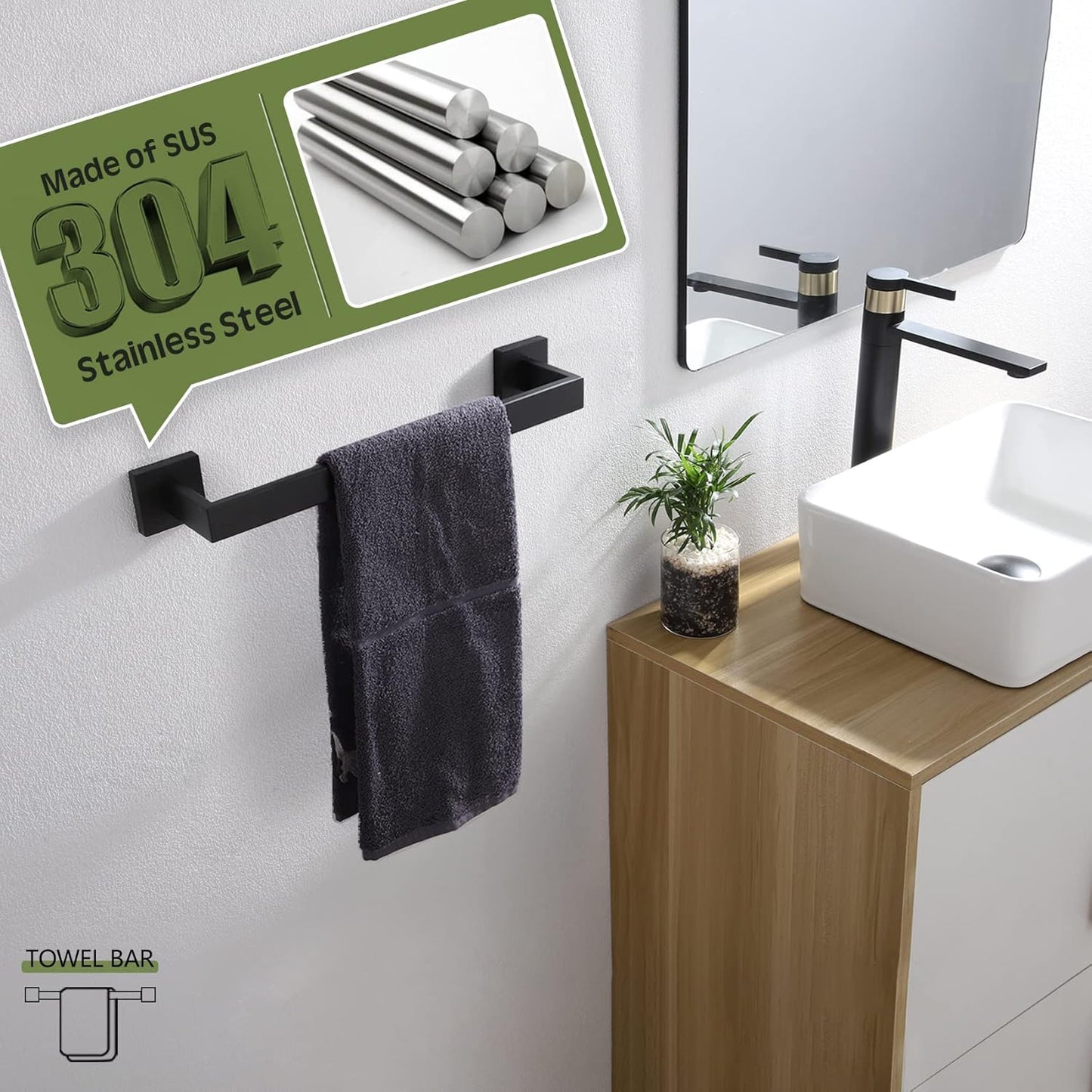 KOKOSIRI 16-Inch Single Towel Bar, Bathroom Kitchen Towel Holder, Wall Mounted SUS304 Stainless Steel Towel Rack, Matte Black, B4003BK-L16