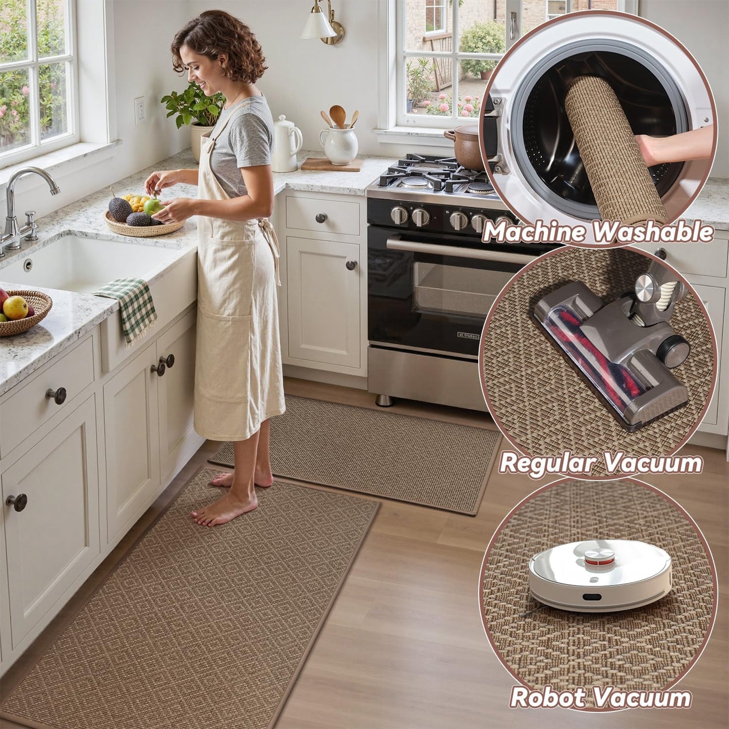 PADOOR Kitchen Floor Mat, Rubber Backed Kitchen Rugs Non Slip Washable, Super Absorbent Kitchen Mats for Floor Front of Sink, 17"x24" Brown