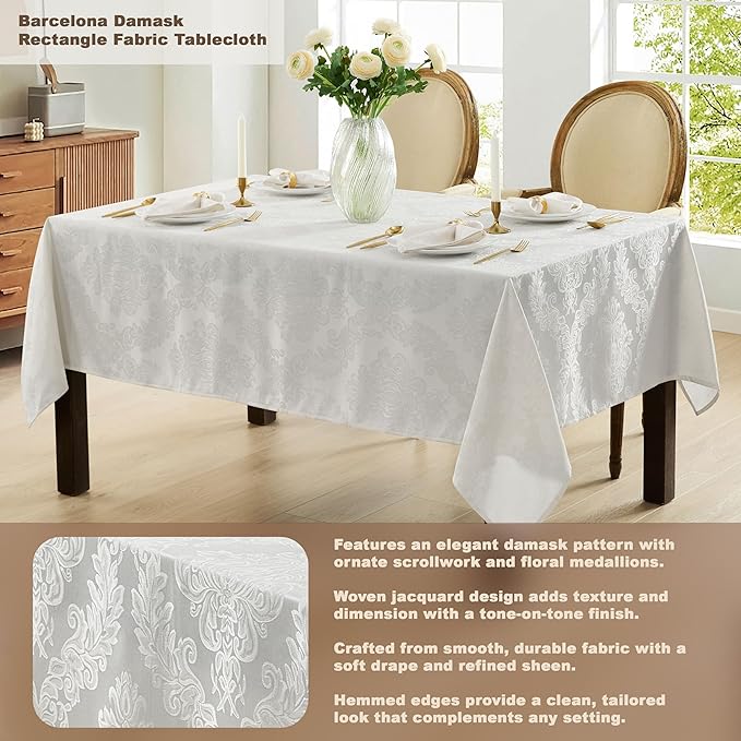 Newbridge Barcelona Luxury Damask Fabric Tablecloth, 70” Extra Wide x 144” Rectangle, White, 100% Polyester, No Iron, Soil Resistant Dining Room, Party and Banquet Table Cover