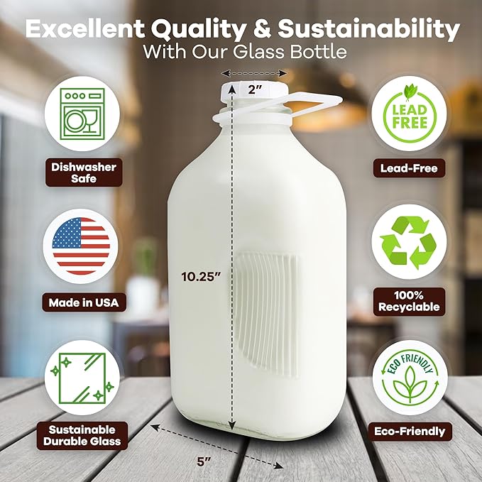 The Dairy Shoppe Heavy Glass Milk Bottles - Jugs with Lids and Silicone Pour Spouts - Clear Milk Containers for Fridge - Reusable Glass Milk Jug Dispenser - Made in USA (64 oz, 2 Pack)