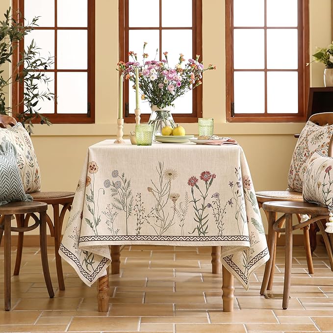 ISAENNE Designer Off White Linen Extra Long Rectangle Tablecloth,Floral Elegant Table Cloth,Stain Resistant Vintage Decor Tablecloths for Dining Thanksgiving Kitchen Party,63"*110"-Serenity G