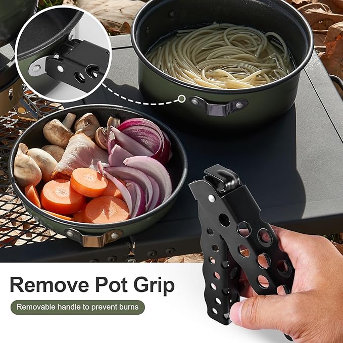 Odoland 5pcs Camping Cookware Non-Stick Camping Pot and Pan Set with Kettle and Removable Handle for Hiking Backpacking and Picnic