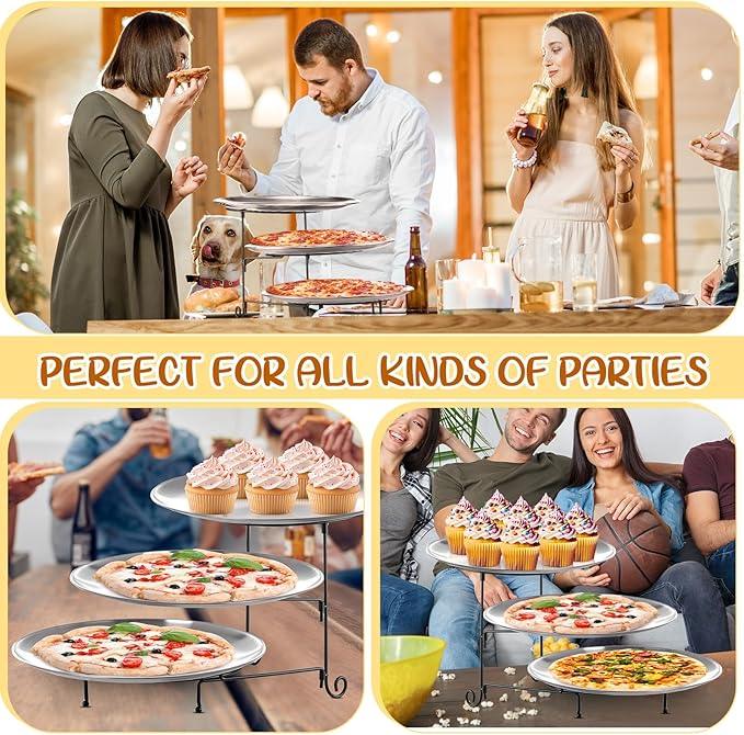 Domensi 7pcs Pizza Pan Riser Stands Sets Includes 1pcs Tiered Tray Stand 3 Stainless Steel Pizza Pan and 3 Wood Handle Knife for Tables Party Restaurant
