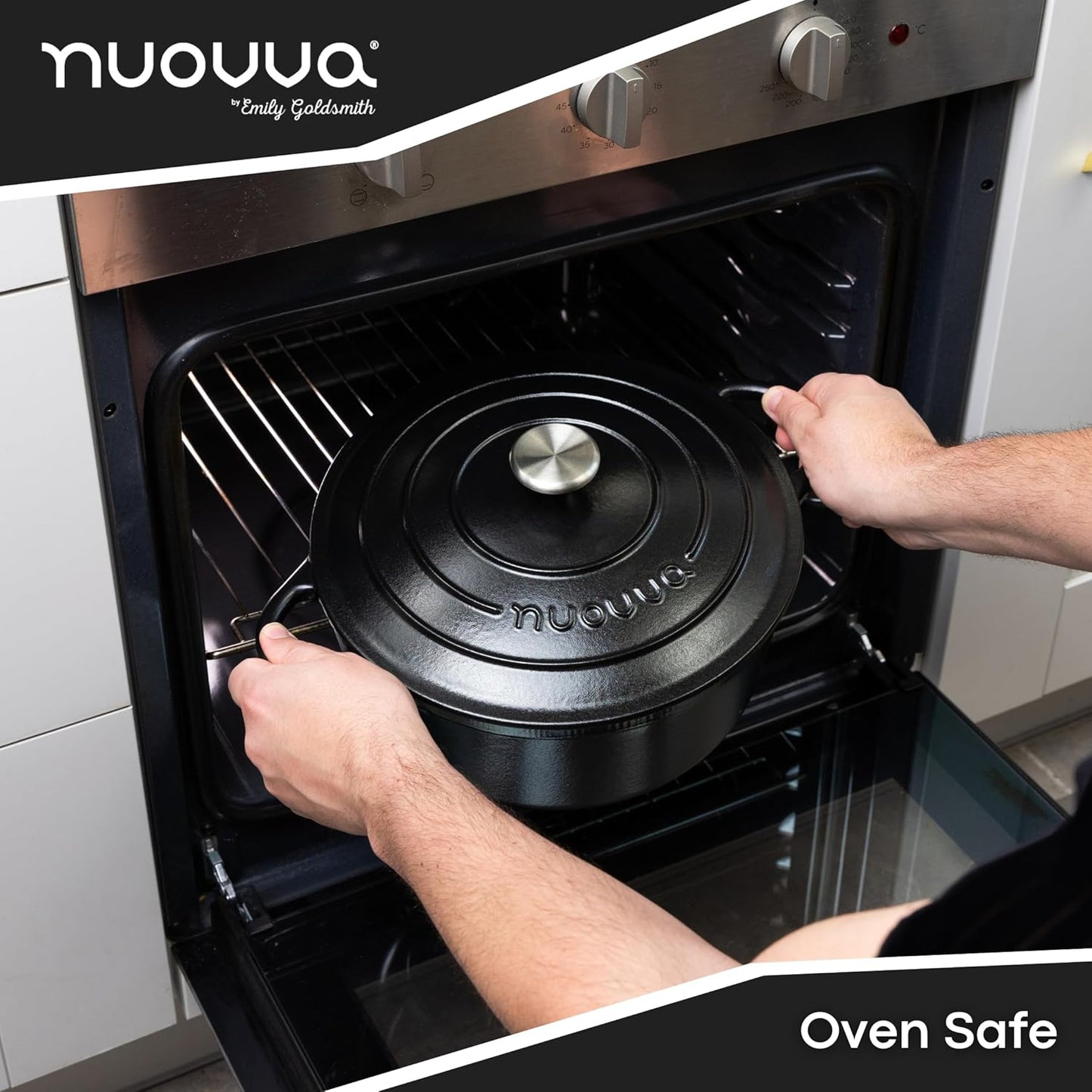 Cast Iron Dutch Oven with Lid – Non-Stick Ovenproof Enamelled Casserole Pot – Sturdy Dutch Oven Cookware – Black, 7.3-Quart, 30cm – by Nuovva