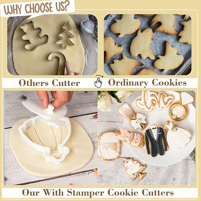 Flycalf Love Cookie Cutters Set of 7 with Plunger Stamps Holiday Gifts Baking Cake PLA Kitchen Diamond Love Ring Shapes for Kids 3" Mold Supplies Biscuit Tools