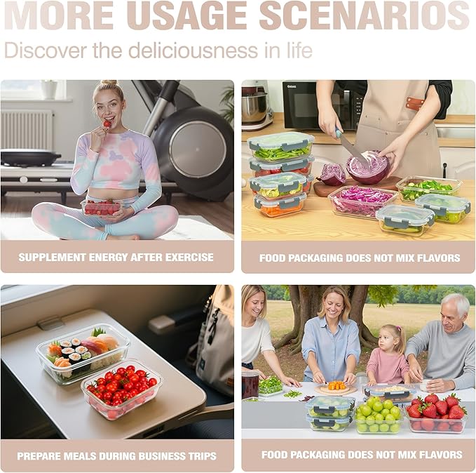 10-Pack Meal Prep Containers with Snap Locking Lids, Glass Airtight Lunch, Food Storage Containers, Microwave, Oven, Freezer and Dishwasher Friendly, Gray