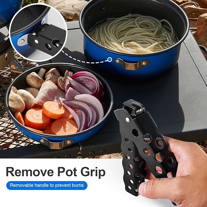 Odoland 5pcs Camping Cookware Non-Stick Camping Pot and Pan Set with Kettle and Removable Handle for Hiking Backpacking and Picnic