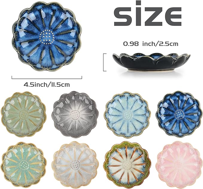 Ceramic Dipping Bowls Set of 8, 3 oz Sauce Cups, Chrysanthemum Round Small Side Dish for Sushi, Tomato, Soy Sauce, Condiment Finger Bowls