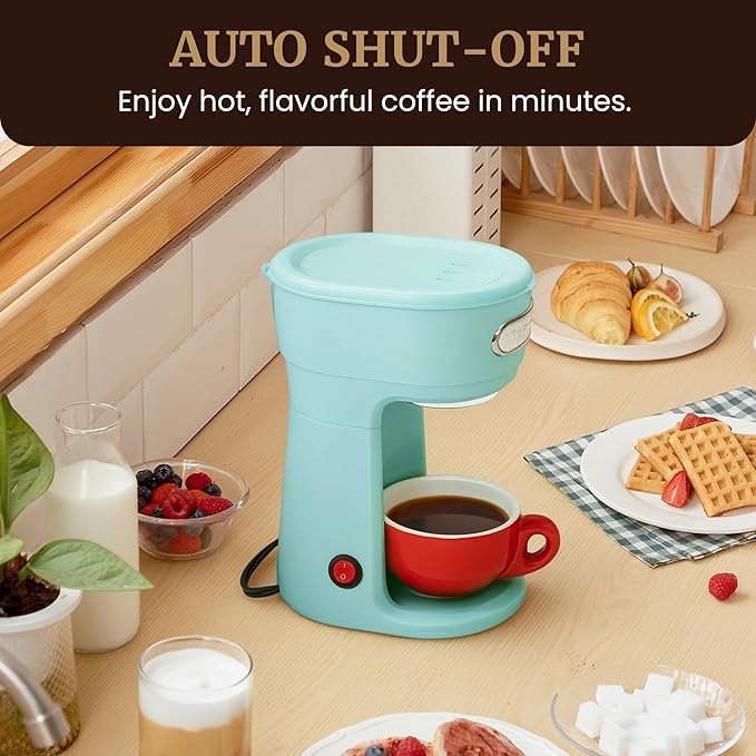Elite Gourmet EHC242M Personal Single-Serve Compact Coffee Maker Brewer Includes 12oz. Dual Wall, Travel Mug with Stainless Steel Interior, Compatible with Coffee Grounds, Reusable Mesh Filter, Mint