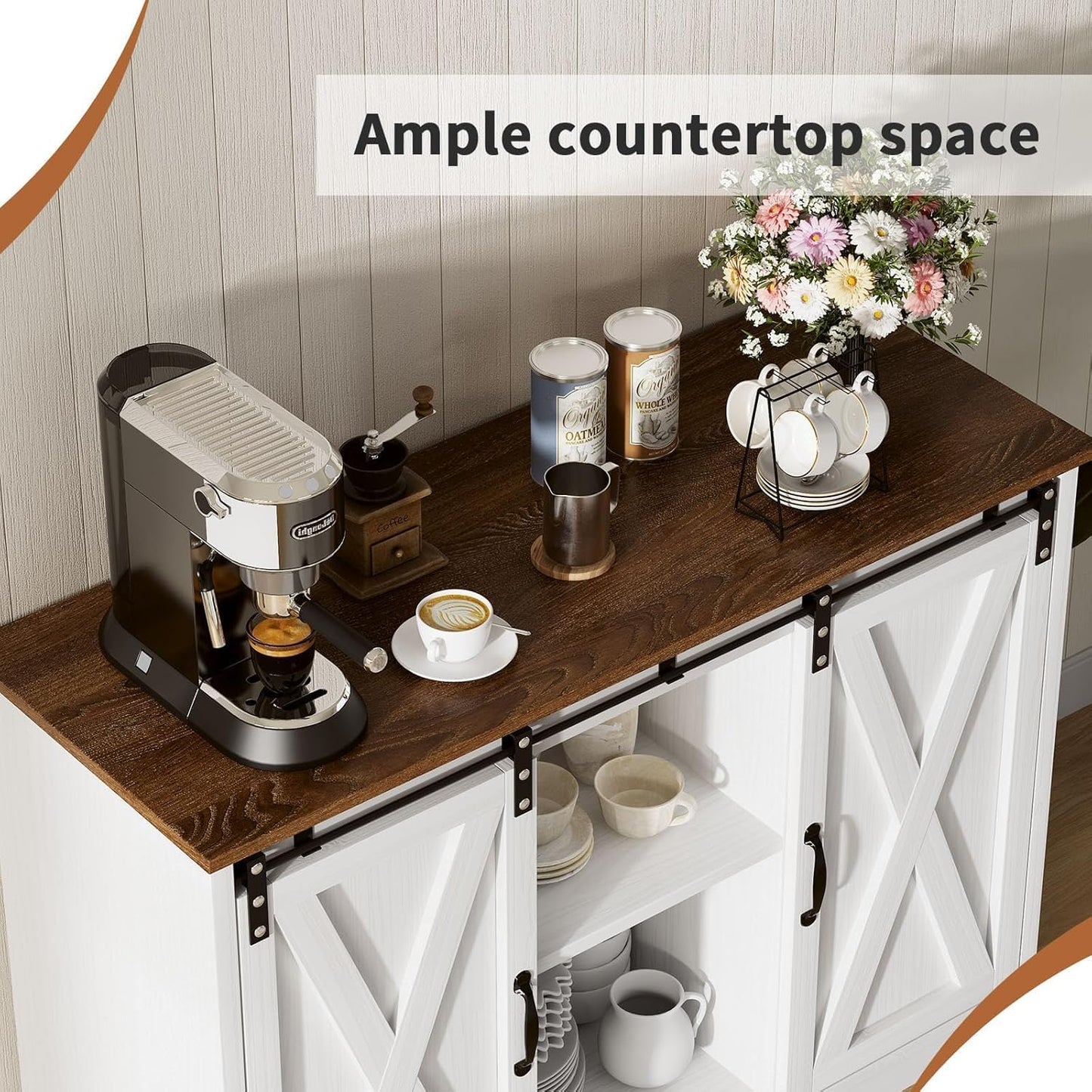 4 EVER WINNER Coffee Bar Cabinet with Sliding Barn Doors, 42”Farmhouse Buffet Cabinet with Storage for Kitchen, Coffee Bar with Adjustable Shelf for Dining Room, White