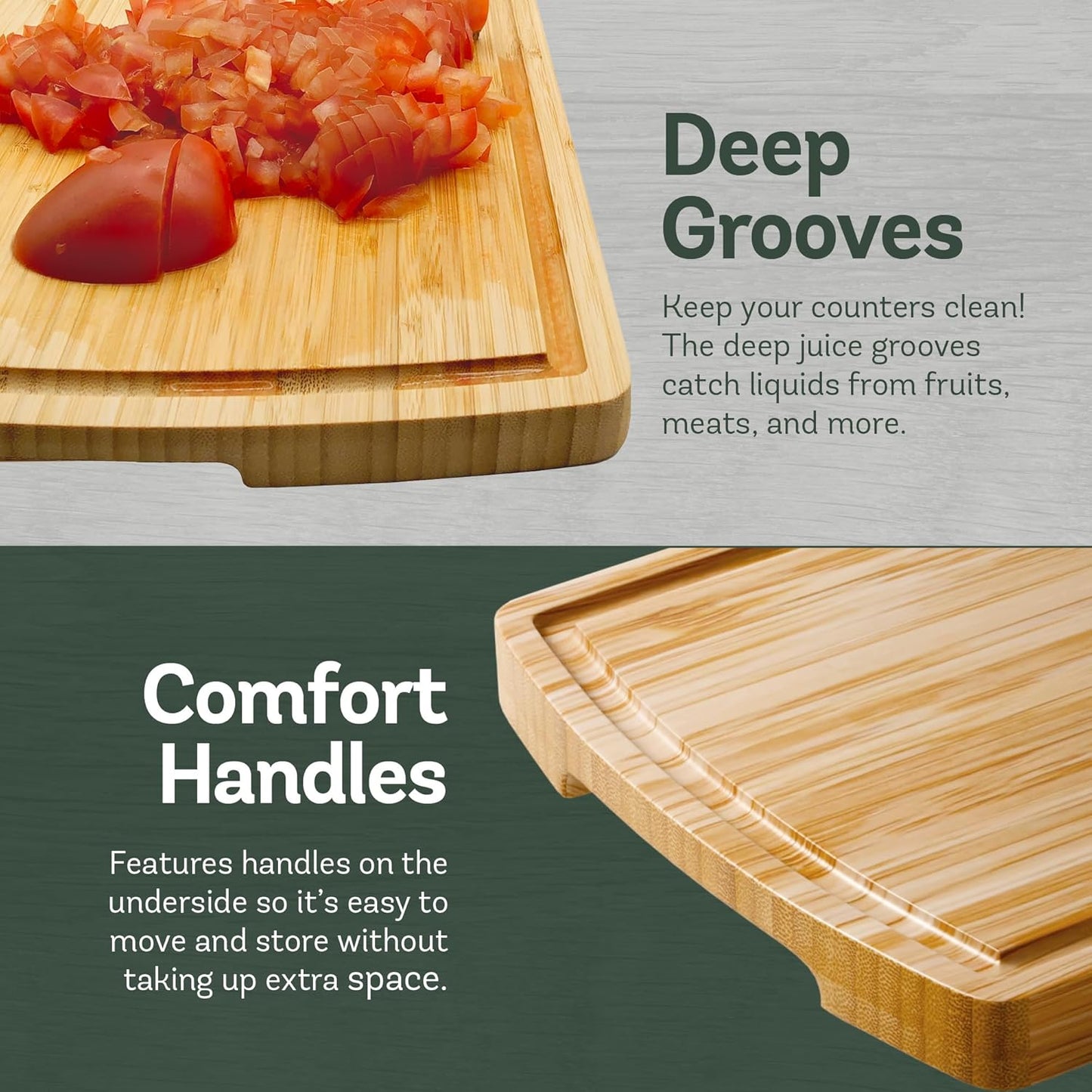 Wood Cutting Board - 3 Piece Bamboo Cutting Board Set, Wooden Cutting Boards for Kitchen with Deep Juice Groove, Side Handles - Chopping Boards for Meat, Vegetables, Charcuterie - Kitchen Gift Set