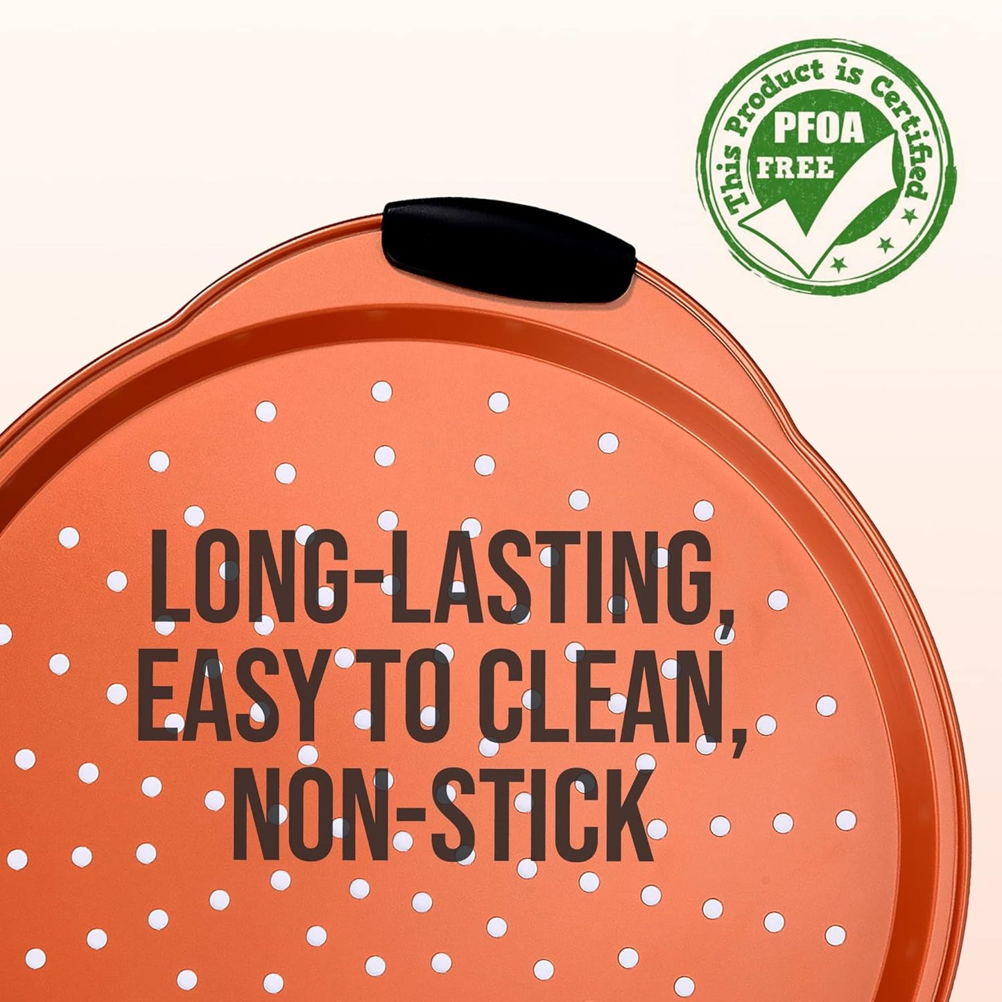 NutriChef 13-Inch Nonstick Pizza Tray - Round Carbon Steel Non-Stick Pizza Baking Pan with Perforated Holes, Premium Bakeware Pizza Screen with Silicone Grip Handles, Dishwasher Safe - Copper