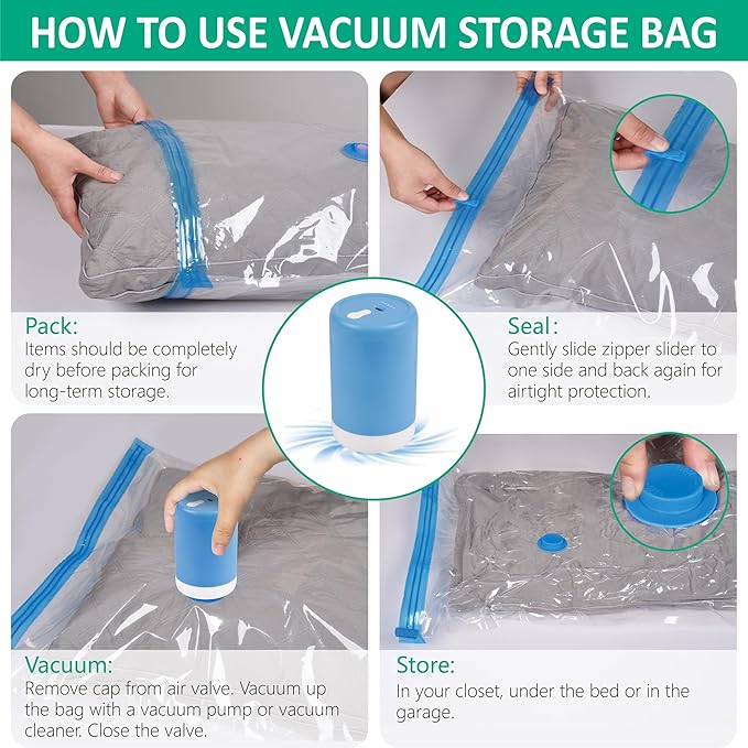 Cozy Essential Travel Vacuum Bags with Electric Pump, 6 Pack Vacuum Travel Bags for Luggage and Suitcase, Vacuum Seal Space Saver Compression for Clothes Clothing