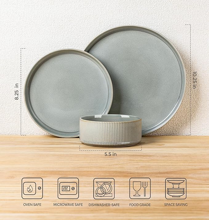 TheTerra Ceramic Dinnerware Sets for 8, 24 Pieces Porcelain Lightweight Plates and Bowls Sets, Scratch Resistant Dish Set, Oven & Microwave & Dishwasher Safe, Desert Sage