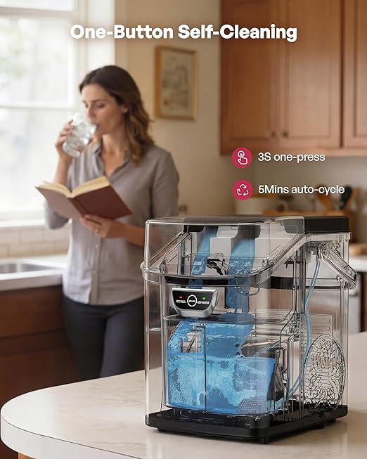 ICYGLEE Nugget Ice Maker Countertop with Handle, Ready in 4 Mins, Max 40lbs/24H, Chewable Ice, Self-Cleaning, Portable Sonic Ice Maker with Basket and Scoop, for Home/Party/RV/Camping (Black)