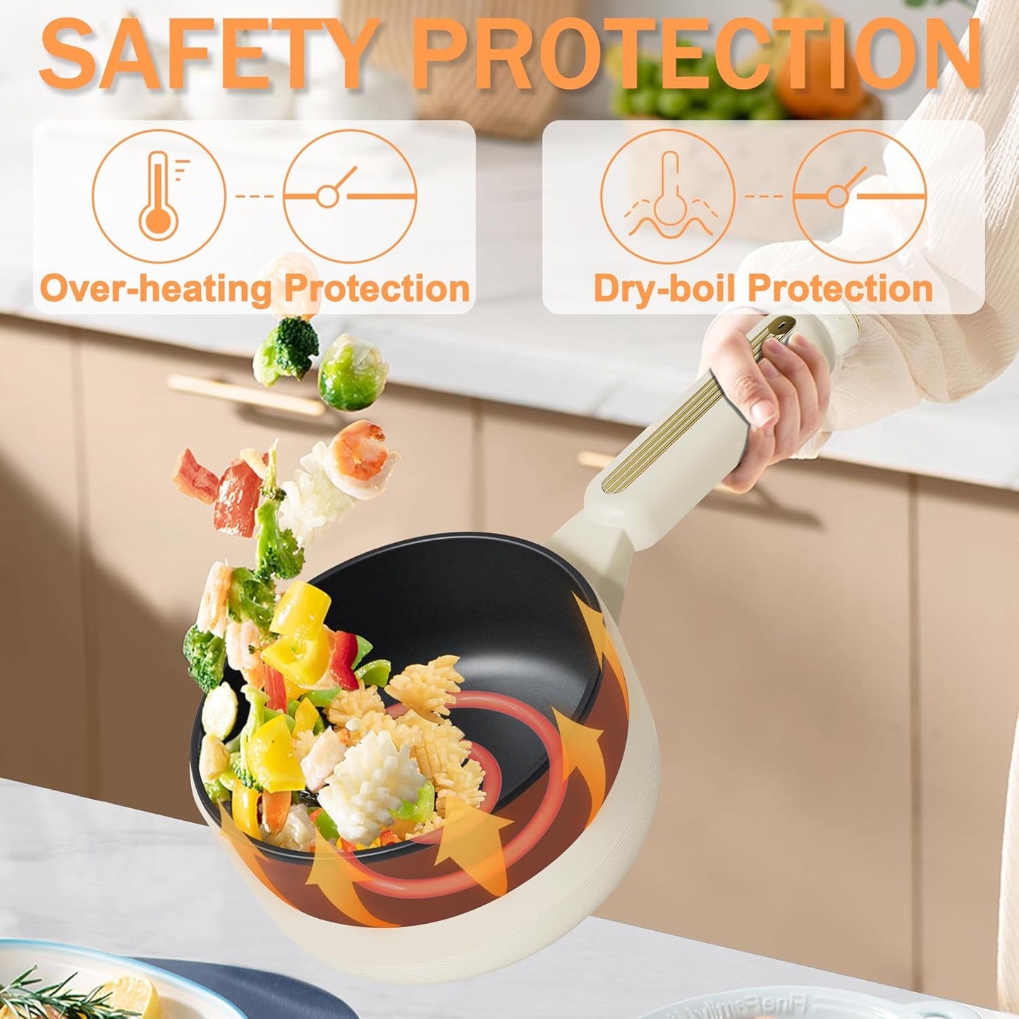 TOPWIT Hot Pot Electric with Steamer, 2L Multifunctional Electric Pot, Non-Stick Sauté Pan, Portable Pot for Steak, Fried Rice, Ramen, Soup with Dual Power Control (Silicone Spatula Included), Beige
