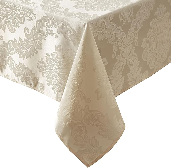 Newbridge Barcelona Luxury Damask Fabric Tablecloth, 60” Wide x 102” Rectangle, Golden Beige, 100% Polyester, No Iron, Soil Resistant Dining Room, Party and Banquet Table Cover