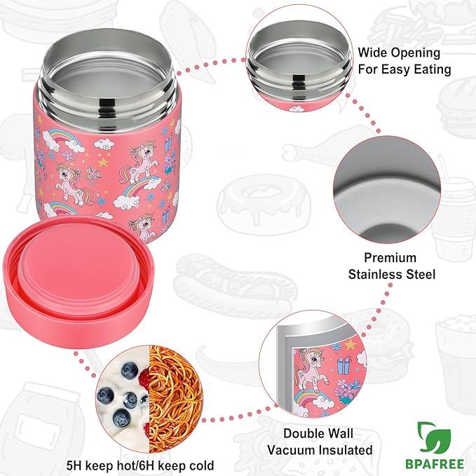 Itslife Bento Lunch Box Set for Kids with 12oz Soup Thermo&Lunch Bag, Leak-Proof Lunch Food Containers for Kids School, 5 Compartment, Sauce Cup, 10 Notes (Unicorn Pink)
