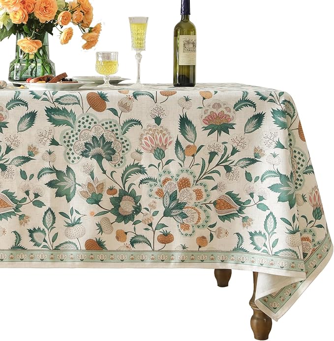 patdrea Designer Linen Green Small Cloth for Rectangle Table,Vintage Italian Floral Country Linen Tablecloth,Decor Cover for Kitchen Dining,Christmas,Thanksgiving,Tea Party,55"x71"-Tree Life