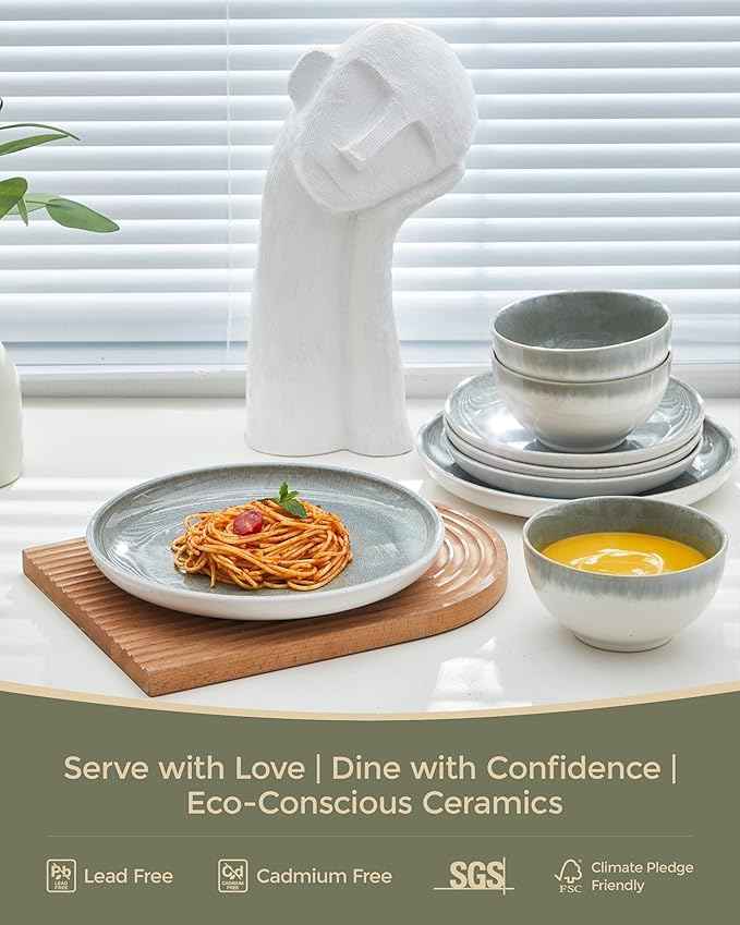 24 Piece Dinnerware Sets for 8, Modern Stoneware Plates and Bowls Sets, Perfect for Family Gatherings & Holiday Celebrations, Easy Cleaning Dishes, Stack Compactly Plate Set, Gradient Green