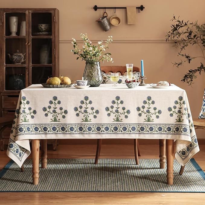 patdrea Designer Vintage Blue Rectangle Extra Long Tablecloth,Leaves Pattern Breathable Floral Table Cloth,French Table Cover for Kitchen Dining Christmas,Thanksgiving,Party,67"x118"-Ivar B