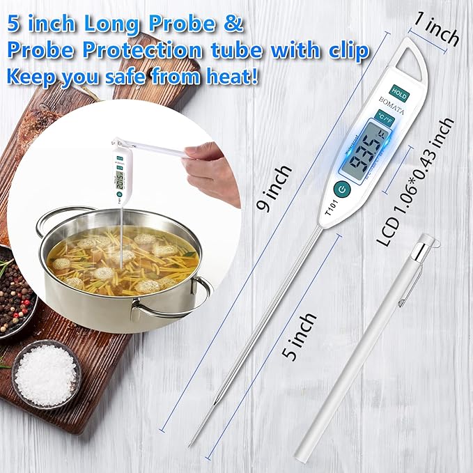 BOMATA 6 Pack Waterproof IPX7 Meat Thermometer Instant Read Food Thermometer with Long Probe for Water, Liquid, Kitchen Cooking, Grill,BBQ ! T101 X 6 Pcs (Black & Red & White)…