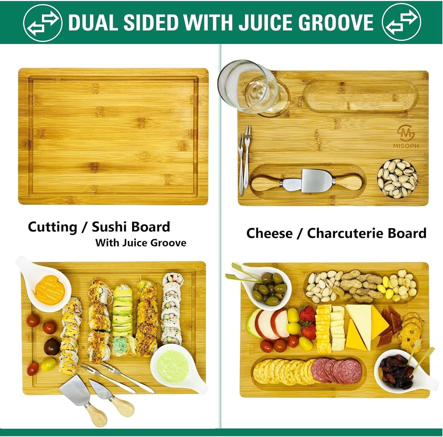 Bamboo Cheese Board with Knife, Bowl, Fork Set, Wood Charcuterie Platter & Food Serving Tray for Wine Glasses, Misoph Collection