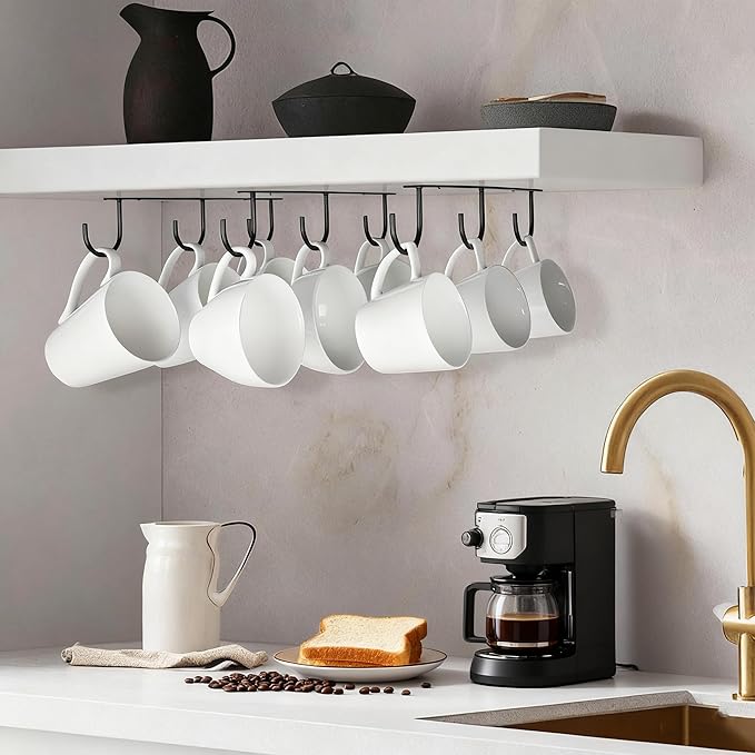 3pcs Under Cabinet Mug Hooks,Adhesive/Screw 2 Ways Install Mug Holder,Coffee Cups Hook with 9 Hooks,Mug Organizion Rack for Displaying Mugs/Cups/Kitchen Utensils (Black)