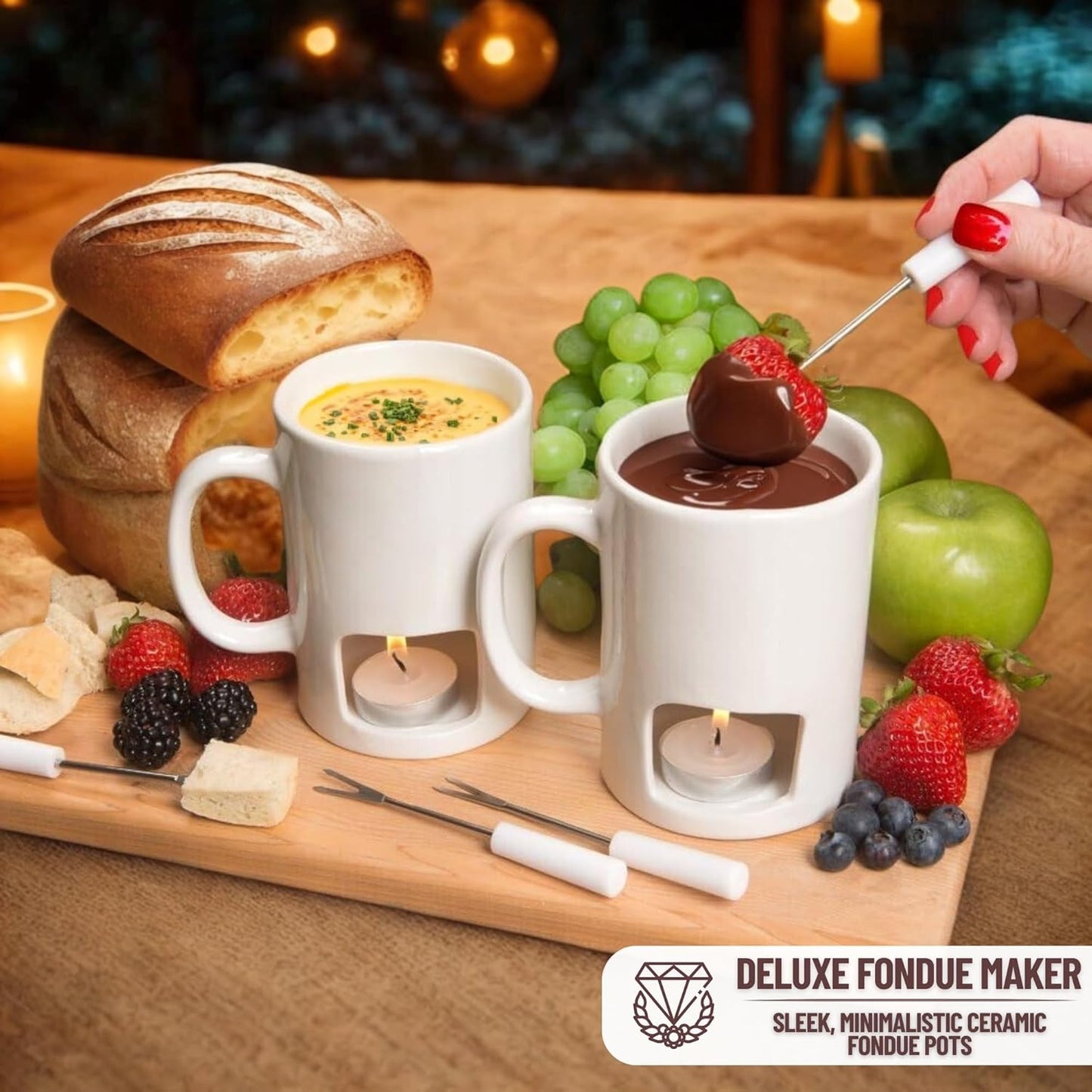 Evelots Fondue Pot Set for Chocolate, Cheese, Candy (2 Pack) Mini Ceramic Fondue Mugs Gift Set with 4 Forks & 8 Candles - Great for Date Night Birthday & Wedding Gifts