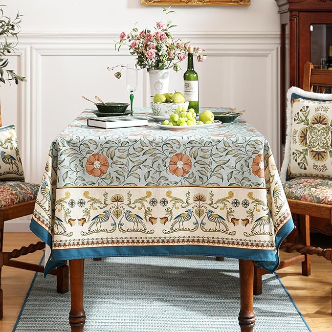 patdrea Designer French Linen Blue Tablecloth for Sqaure Table,Vintage Floral Table Cloth,Colorful Decoration Small Cover Kitchen Dining for Tea Party,Thanksgiving,Christmas,55"x55"-Wensel