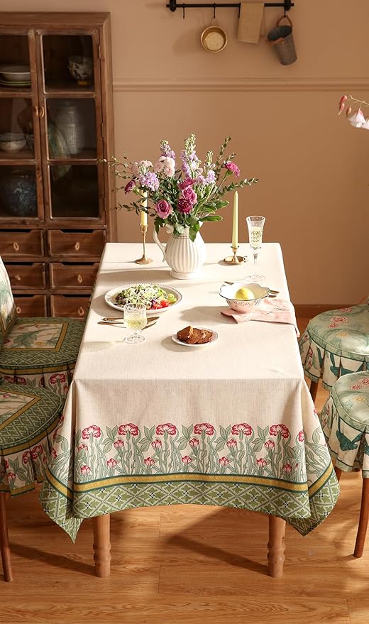 patdrea Designer Linen Green Tablecloth for Rectangle Table,Vintage Leaves Pattern Durable Table Cloth,Floral Decor Cover for Kitchen Dining,Christmas,Thanksgiving,Party,55"x87"-Cecilia D