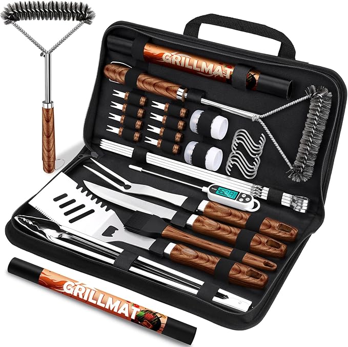 31pcs BBQ Grill Accessories Set for Men Dad, Heavy Duty Grilling Tools Gifts for Christmas, Stainless Steel BBQ Utensils Kit with Mats, Grill Brush in Carrying Bag Brown
