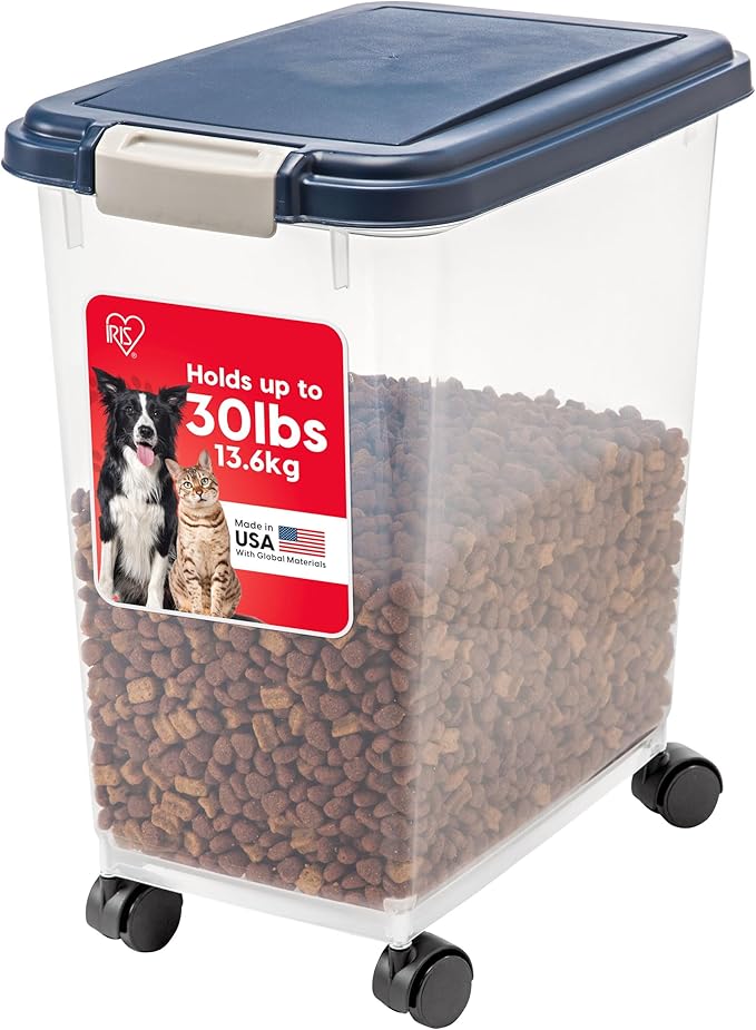 IRIS USA 30 Lbs / 33 Qt WeatherPro Airtight Pet Food Storage Container with Attachable Casters, For Dog Cat Bird and Other Pet Food Storage Bin, Keep Fresh, Translucent Body, Easy Mobility, Navy