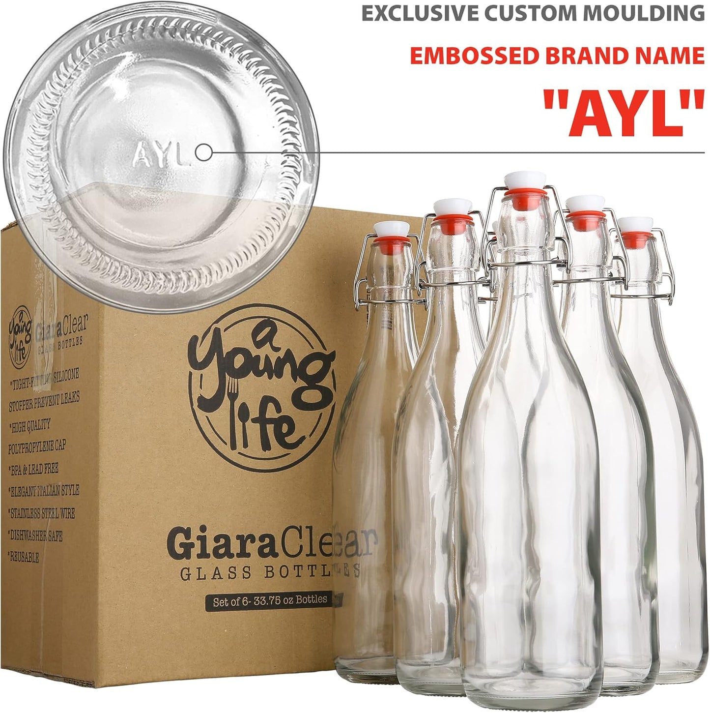 Flip Top Glass Bottle [1 Liter / 33 fl. oz.] [Pack of 6] – Swing Brewing with Stopper for Beverages, Oil, Vinegar, Kombucha, Beer, Water, Soda, Kefir Airtight Lid & Leak Proof Cap Clear