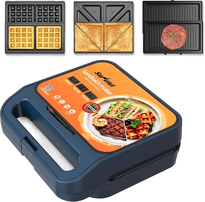 Sunvivi 3 in 1 Sandwich Maker, Electric Waffle Maker with Removable Non-stick Plates, 1000W Panini Press Grill with Glass Top, Cool Touch Handle & Easy to Clean, Blue