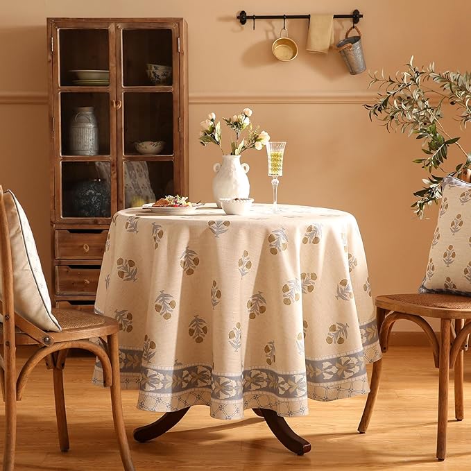 patdrea Designer Vintage Small Beige Tablecloth for Round Table,Linen Yellow Floral Pattern Tablecloths,Cover Cloth Decor for Kitchen Dining Christmas,Thanksgiving,Diameter 55"-Istana a