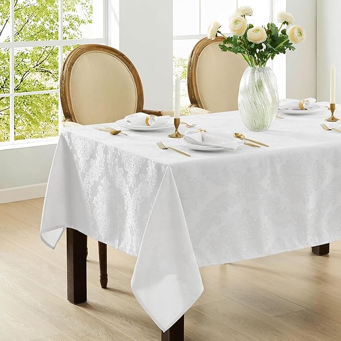 Newbridge Barcelona Luxury Damask Fabric Tablecloth, 60” Wide x 144” Rectangle, White, 100% Polyester, No Iron, Soil Resistant Dining Room, Party and Banquet Table Cover