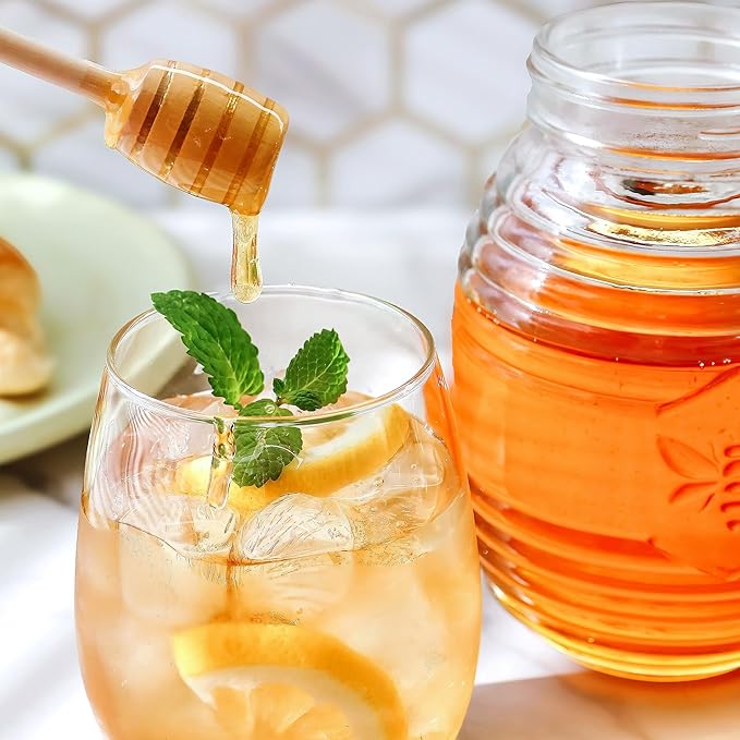 Kate Aspen 24oz. Bee Hive Shaped Honey Glass Mason Jar with Two Wooden Honey Dippers, Bamboo & Metal Lid, Kitchen Decor, Bumblebee Baby Shower Prize, Take Home Gift, Bee Decorations
