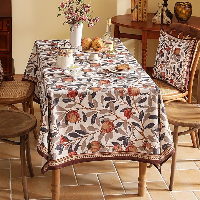 patdrea Designer Brown Tablecloth for Square Table,Linen Pomegranates and Leaves Pattern Tablecloths,Table Cover Cloth Decor for Kitchen Dining Christmas,Thanksgiving,Party,67"x67"-Tehran a