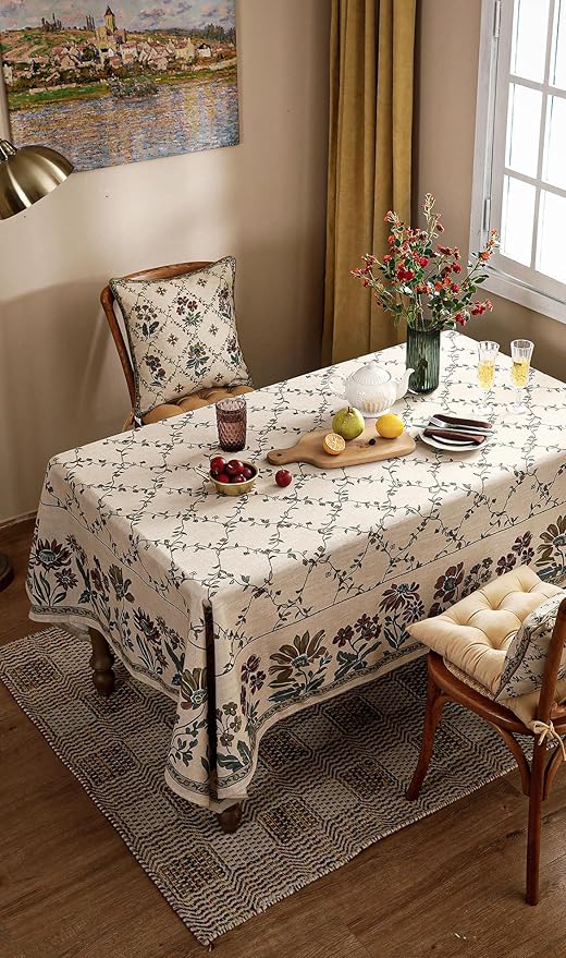 patdrea Designer Linen French Long Tablecloth for Rectangle Table,Fall Country Breathable Floral Tablecloths,Table Cover for Kitchen Dining,Tea Party,Christmas,Thanksgiving,63"x94"-Oliveirad