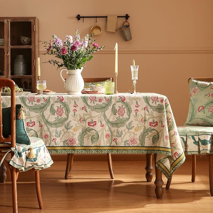 patdrea Designer Green Small Tablecloth for Rectangle Table,Vintage Linen Leaves Pattern Breathable Table Cloth,Floral Decor Cover for Kitchen Dining Christmas,Thanksgiving,55"x71"-Cecilia a